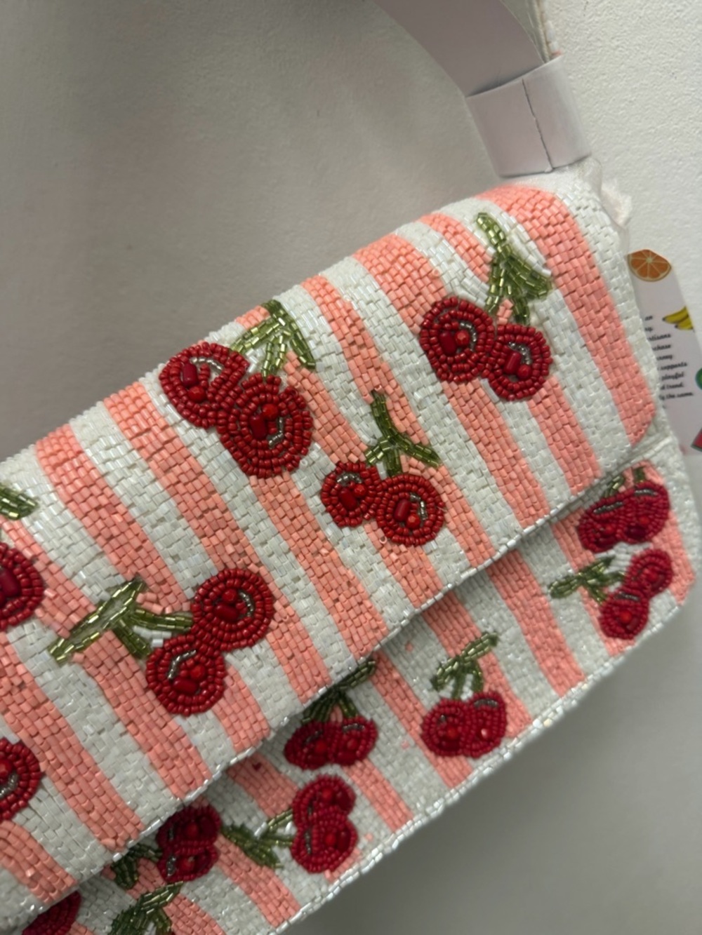 Beaded Cherry Crossbody Bag - Pink & White Stripes